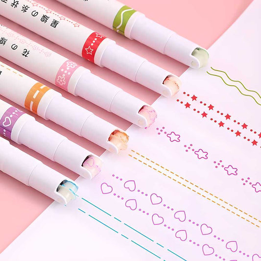 CurveLine™ Roller Color Pens Highlighters – 6 Unique Pattern Shapes | Creative Stationery for Kids &amp; Adults (Set of 6)